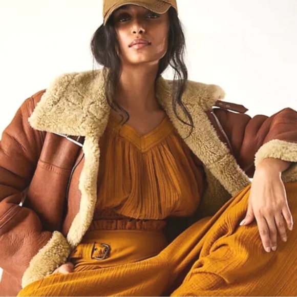 Free People Lou Lou Set Golden Syrup Puff Top Buckle Pants - Picture 2 of 6